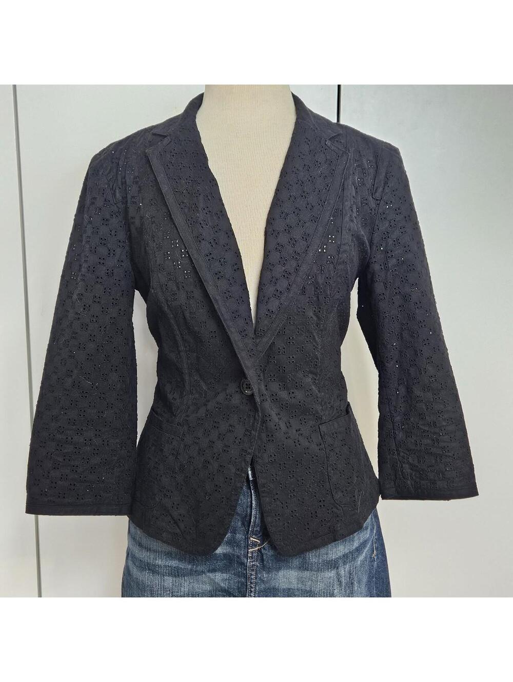 Cotton Eyelet Black Blazer 3/4 sleeve 12 Corporate Goth